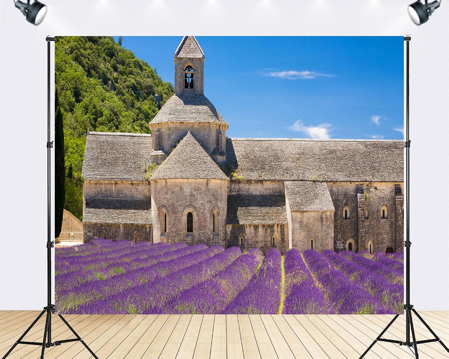 Trykid 20x10ft Lavender Field Backdrop Ancient Stone Church Clear Blue Sky Lush Green Hillside Rural Landscape Photography Background for Wedding Party Event Decoration Photo Booth Prop Fabric