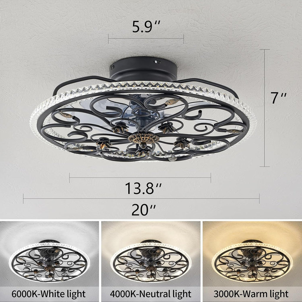 Retro Black Caged Ceiling Fan with Lights Remote Control, 6 Speeds 3 Color Industrial Ceiling Fan with Light for Kitchen Bedroom Living Room