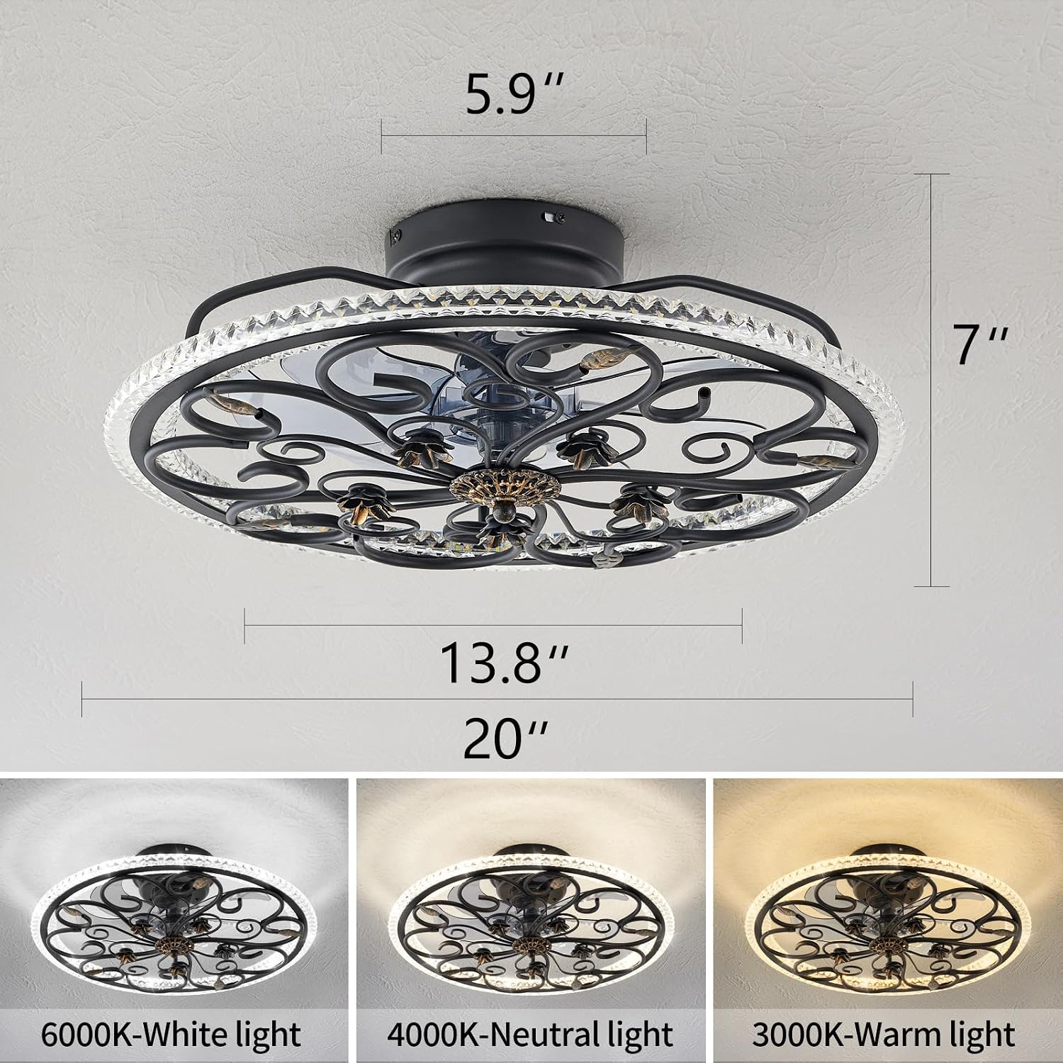 Retro Black Caged Ceiling Fan with Lights Remote Control, 6 Speeds 3 Color Industrial Ceiling Fan with Light for Kitchen Bedroom Living Room