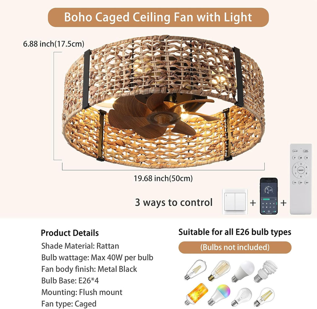 Ganeed 20' Boho Fandelier Ceiling Fan with Light, Rattan Caged Ceiling Fan with Light and Remote Control, Quiet Reversible Motor Enclosed Low Profile 6 Speeds for Bedroom Living Room Porch Kids Room