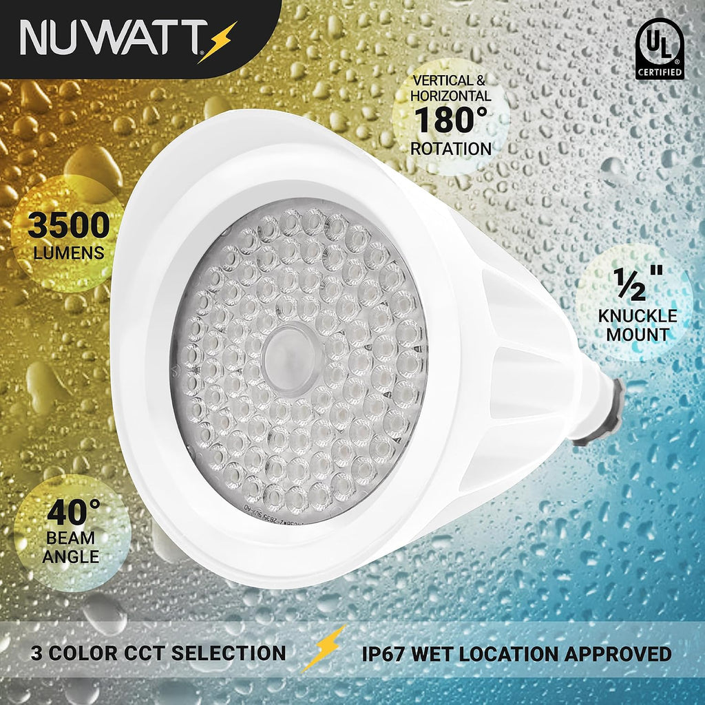 NUWATT 25W Bullet White Spotlight Outdoor LED Landscape Lighting, 3500 LM Bright Outdoor Light for Yard, 30K/40K/50K Selectable, 1/2' Knuckle Mount, 120-277V Waterproof Flag Pole Lights (6-Pack)