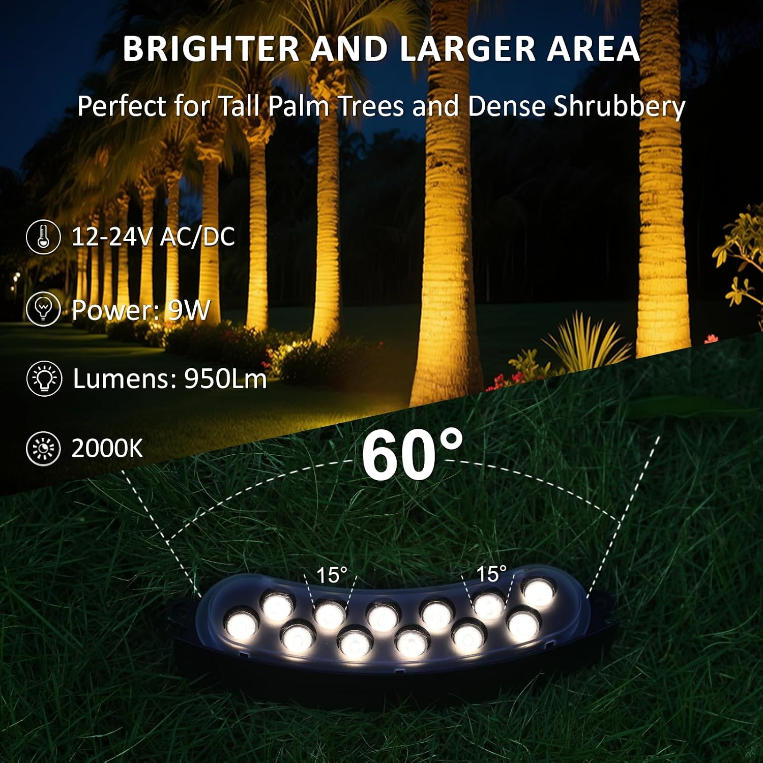 Low Voltage Flood Lights, 9W Bright LED Uplighting Outdoor, Wired Spot Lights Outdoor, 12V Low Voltage Floodlights for Tree Wall House, Aluminum, 2000K, Unique Design, Black (6PACK 2000K)