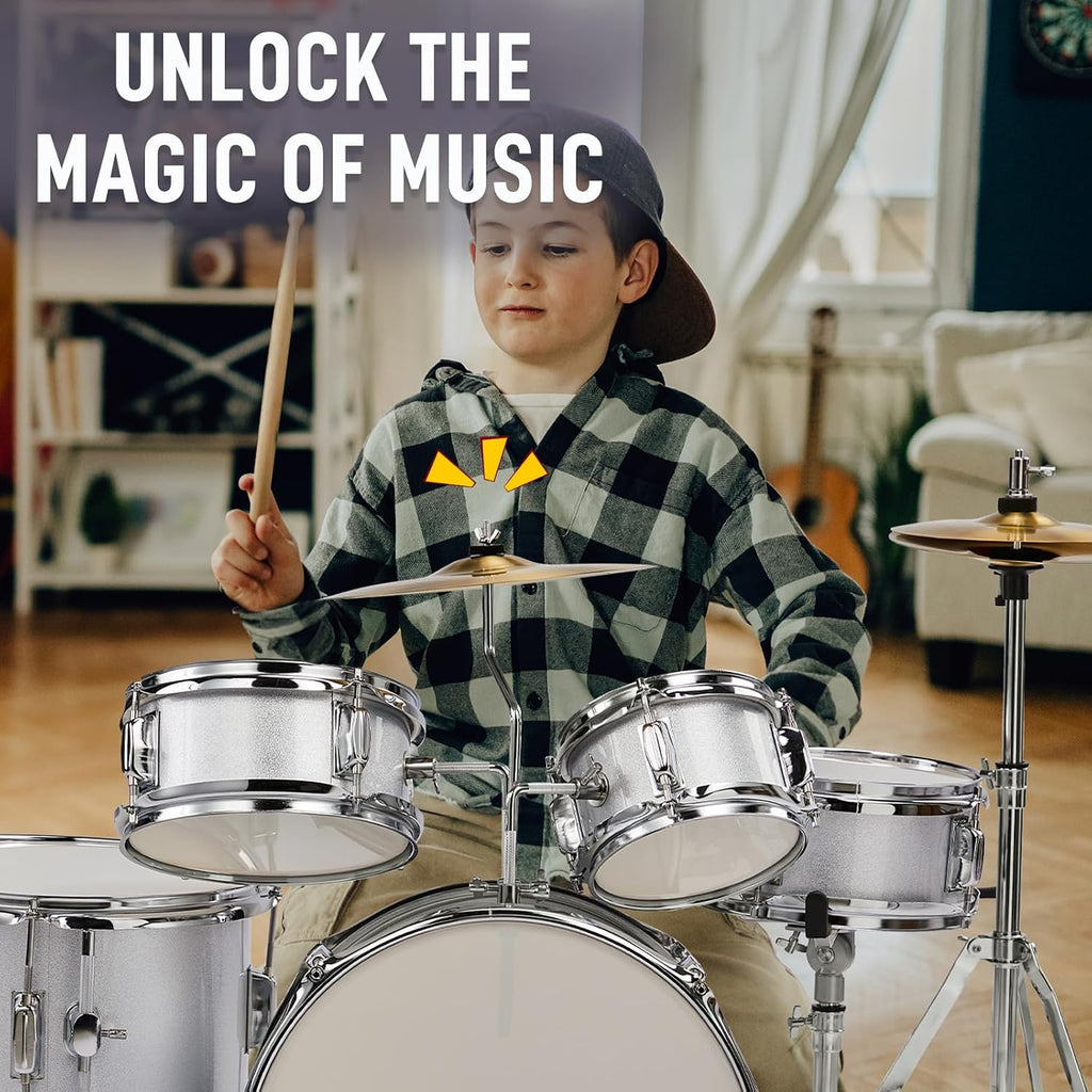 Ktaxon 5-Piece Complete Junior Drums Set, 14 Inch Beginners Drum Kit with Throne Stool, Pedal & Drumsticks, Drums Musical Instruments W/Cymbal, Hi-Hat, Floor, Tom and Snare Drum (Silver)