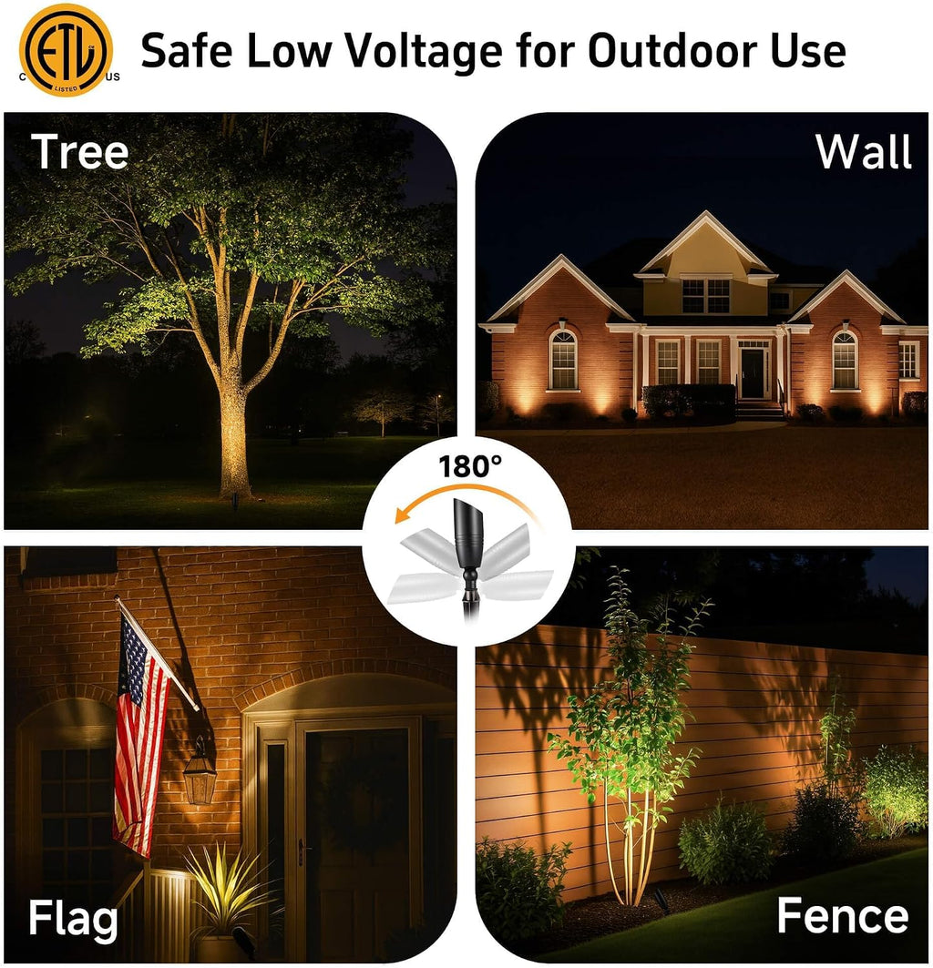 Gardenreet Brass Landscape Lighting - Black Low Voltage Spotlights Outdoor LED, 12V Wired Uplights, Waterproof Spot Lights, Adjustable Focus for Outside Trees Without MR16 Bulb (4 Pack)