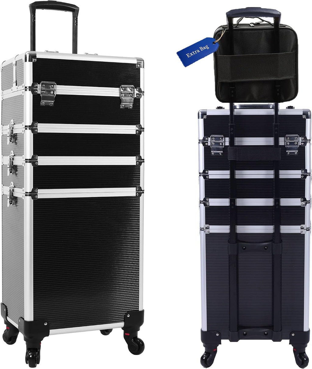 5-in-1 Rolling Makeup Train Case, Large Professional Cosmetic Trolley Organizer on Wheels with 360° Swivel Wheels, Lockable Black Aluminum Travel Case for Makeup Artists, Nail Techs & Hairstylists