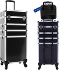 5-in-1 Rolling Makeup Train Case, Large Professional Cosmetic Trolley Organizer on Wheels with 360° Swivel Wheels, Lockable Black Aluminum Travel Case for Makeup Artists, Nail Techs & Hairstylists