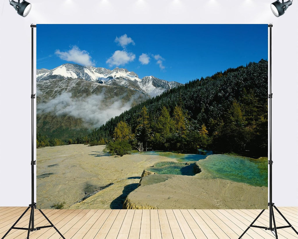 Trykid 20x10ft Snow Capped Mountains Turquoise Pools Backdrop Dense Forests Clear Blue Sky Photography Background Countryside Wedding Event Party Decoration Photo Booth Prop Fabric