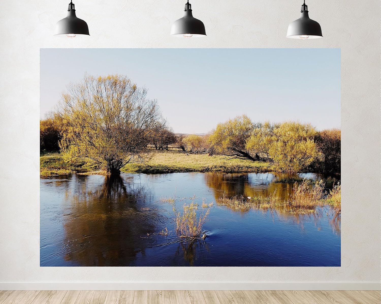 Trykid 20x10ft Autumn Trees River Reflection Clear Sky Backdrop Serene Natural Landscape Photography Background Outdoor Adventure Event Party Decoration Photo Booth Prop Fabric