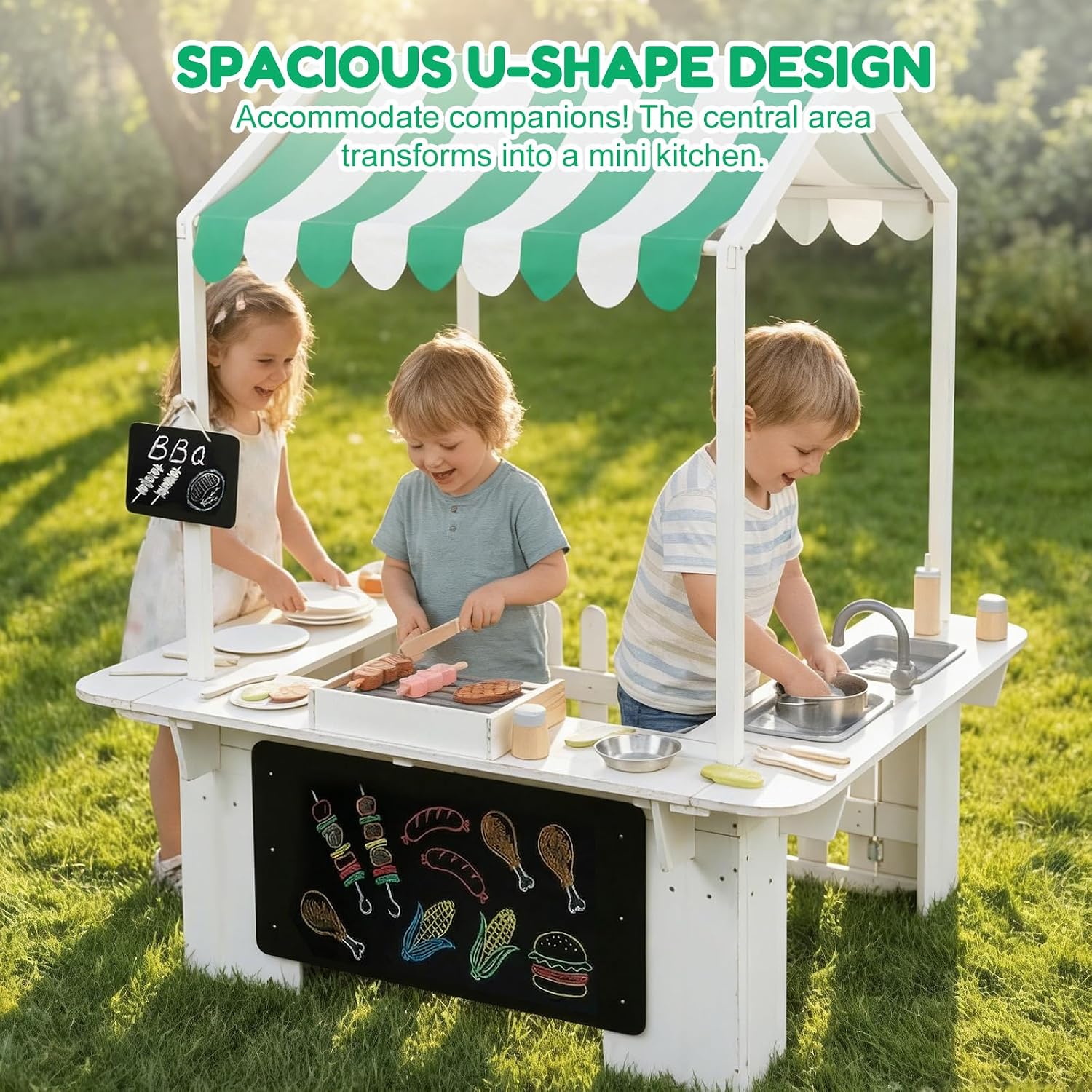 EDUBEBO Kids Outdoor Playhouse, Mud Kitchen, BBQ Toys,Outdoor playsets, Ideal Role Play Toy Gift for Toddlers and Kids Ages 3-8 (White)
