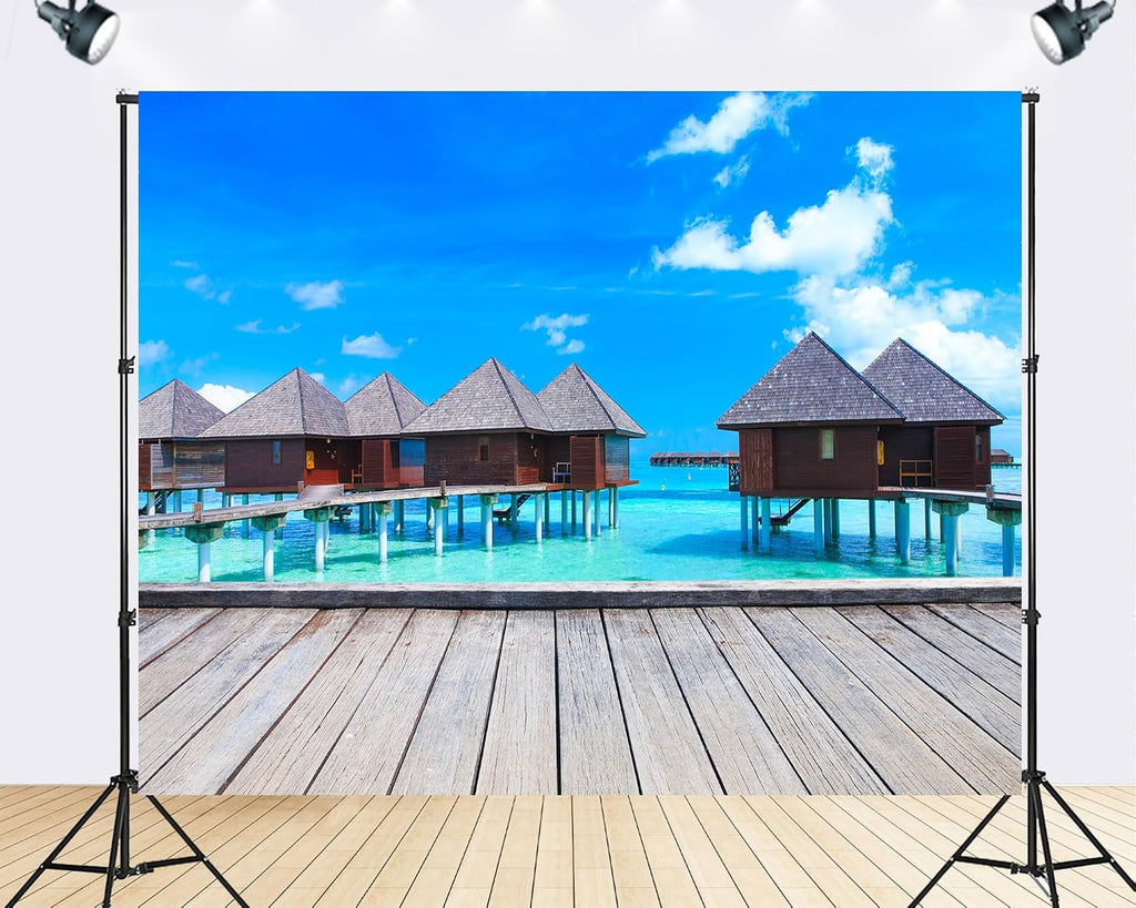 Trykid 20x10ft Tropical Overwater Bungalow Backdrop with Turquoise Ocean and Clear Blue Sky for Photography Background Wedding Bridal Shower Birthday Party Decoration Photo Booth Prop Fabric