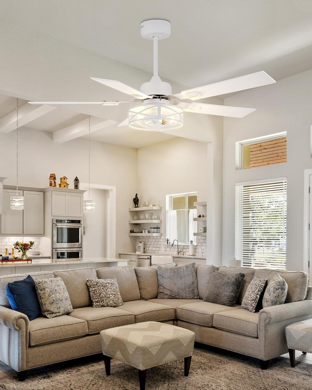 YOUKAIN Ceiling Fans with Lights, 48 Inch Farmhouse Ceiling Fans with Lights and Remote, 5-Reversible, White Finish, Outdoor Ceiling Fan for Indoor/Outdoor Use, 48-YJ632-WHW