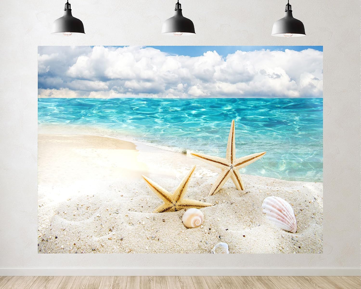 Trykid 20x10ft Beach Starfish Shell Backdrop Clear Water White Cloud Photography Background Summer Vacation Beach Party Tapestry Party Decoration Photo Studio Prop Fabric