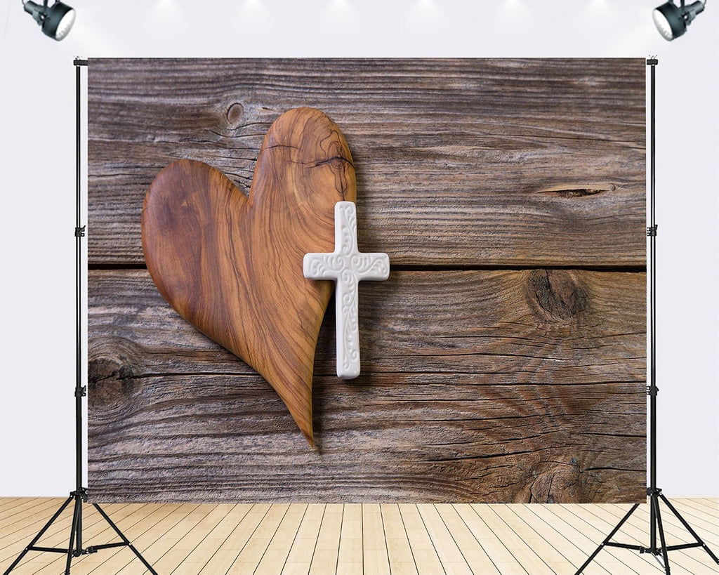 Trykid 20x10ft Wooden Heart White Cross Rustic Plank Backdrop Faith Inspired Scenery Photography Background Spiritual Gathering Party Decoration Tapestry Photo Booth Prop Fabric