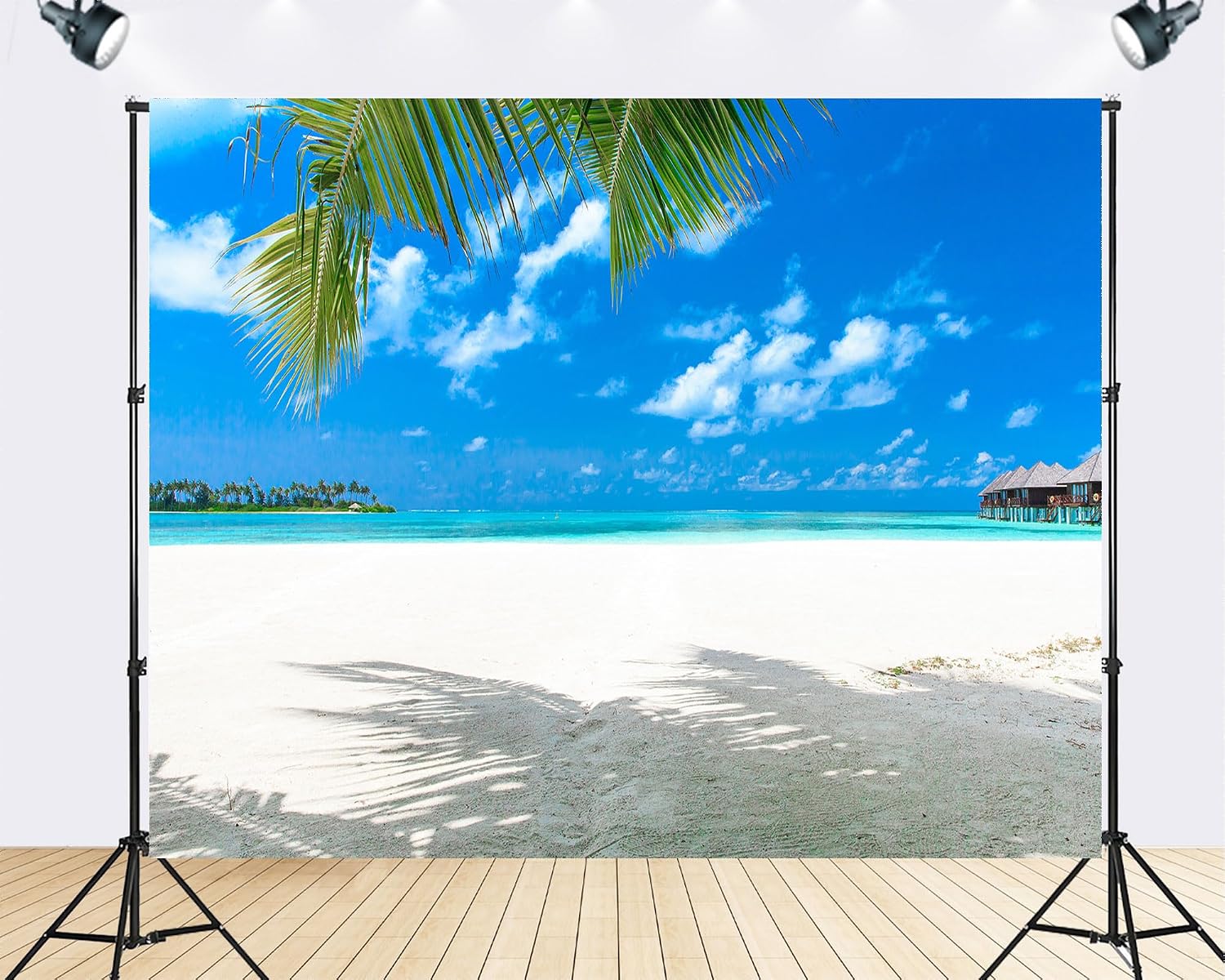 Trykid 20x10ft Tropical White Sand Beach Backdrop Turquoise Water Palm Leaves Overwater Bungalows Clear Sky Photography Background Island Tapestry Party Decoration Photo Studio Prop Fabric