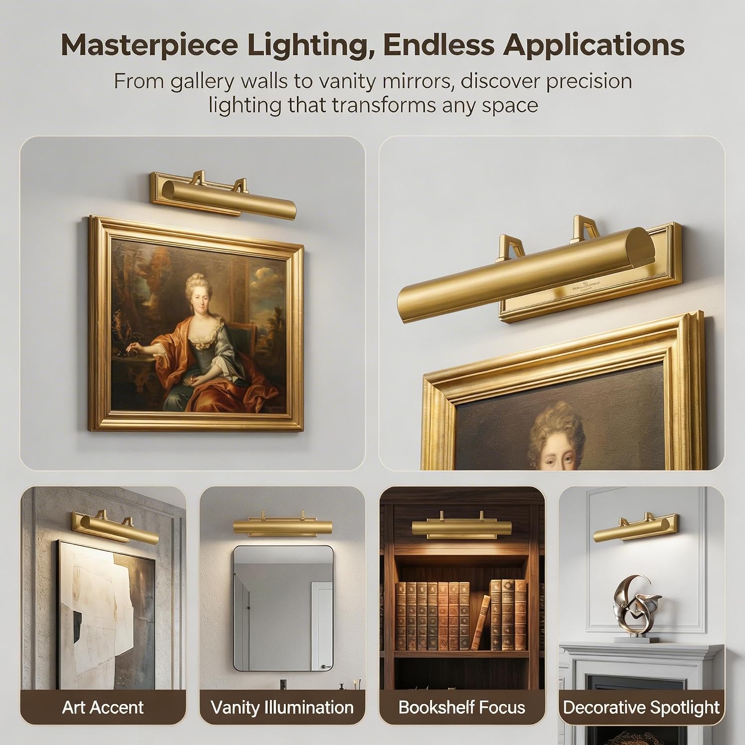 24' Brass Picture Light, 4-Light Gold Hardwired Picture Lights, 270° Rotatable Wall Sconce Lamp for Frame, Linear Art Light for Wall Painting Display Artwork Portrait Library Bulbs Included
