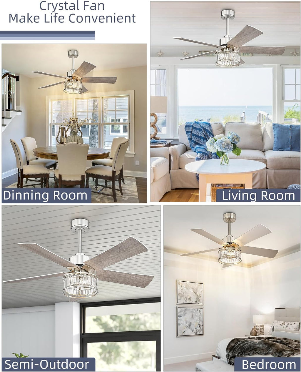 YOUKAIN 48 Inch Brushed Nickel Ceiling Fan with Lights and Remote, Modern Crystal Ceiling Fan, 5 Reversible Gray & Wood Blades, Quiet Indoor Ceiling Fan for Bedroom Living Room, 48-YJ632A-BN