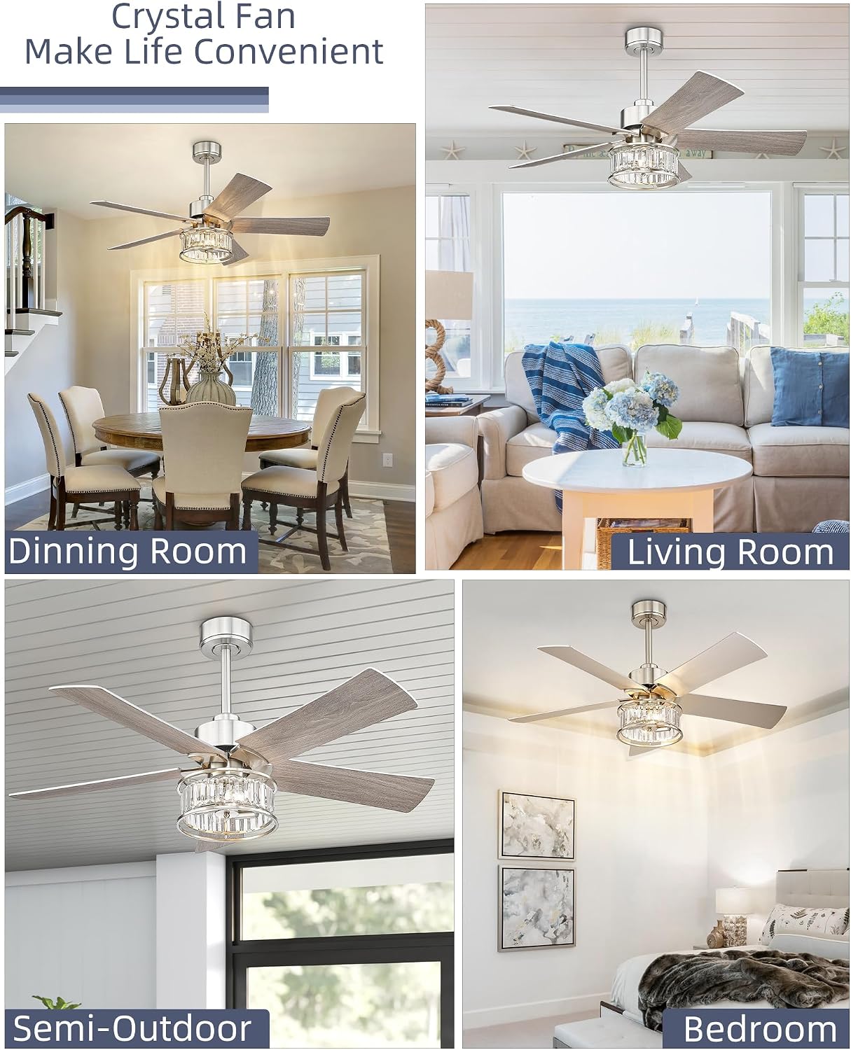 YOUKAIN 48 Inch Brushed Nickel Ceiling Fan with Lights and Remote, Modern Crystal Ceiling Fan, 5 Reversible Gray & Wood Blades, Quiet Indoor Ceiling Fan for Bedroom Living Room, 48-YJ632A-BN