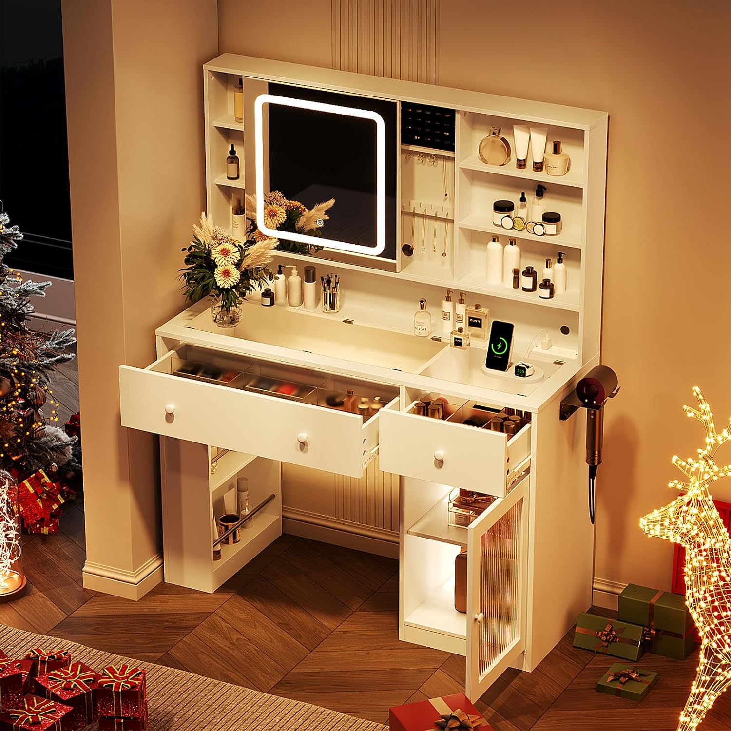 VINGLI Vanity Desk with Sliding Mirror and Lights, Glass Top Makeup Vanity Table w/Glass Cabinets w/Hidden Jewelry Storage & Power Outlets & Hairdryer Holder, 43in White Dressing Table Gifts Girls
