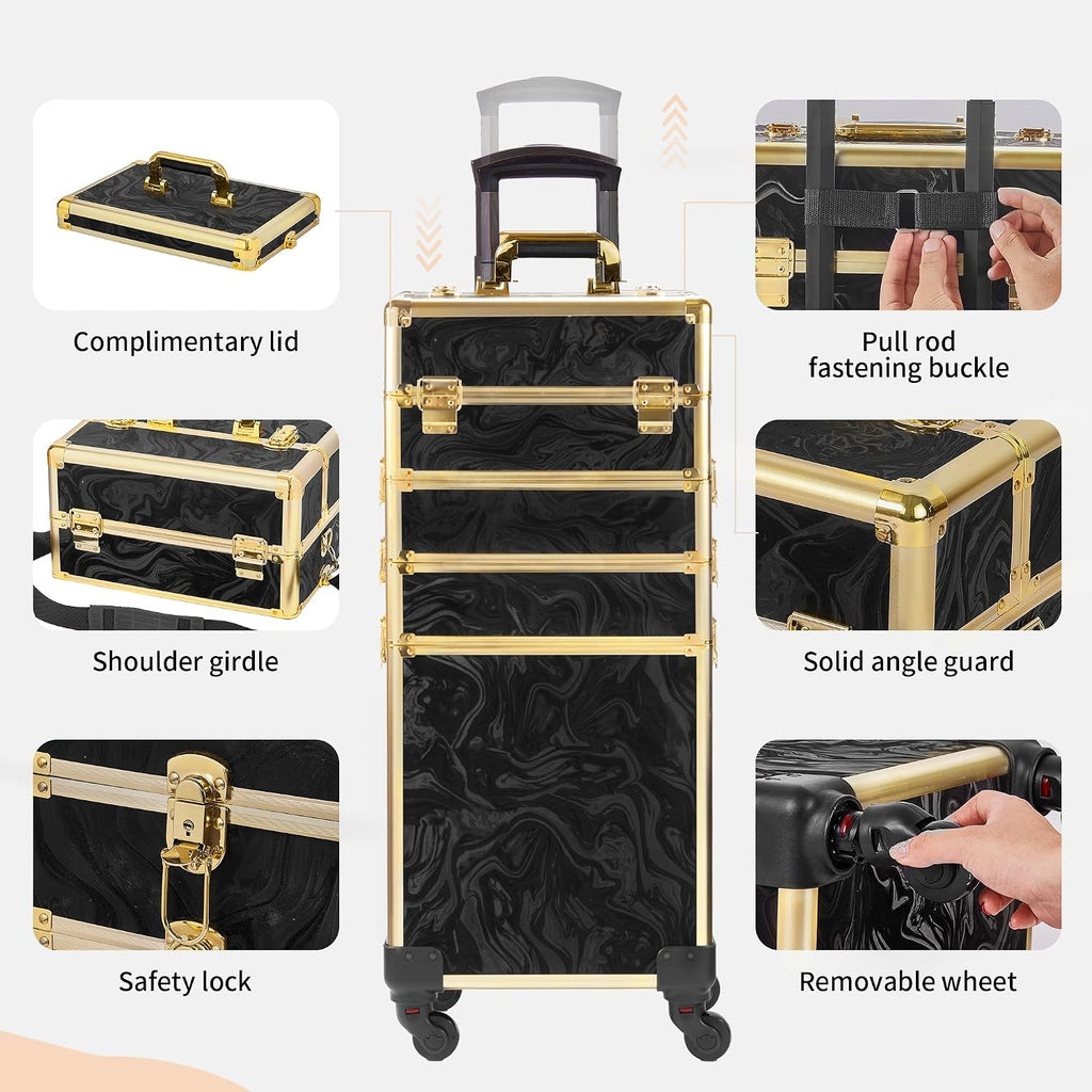 Somduy Rolling Makeup Case, Makeup Train Case with Lid, 5 in 1 Cosmetology Case on Wheels, Christmas Gift, Large Makeup Organizers, Profesional Cosmetic Case for Salon Barber, Pattern Black Gold