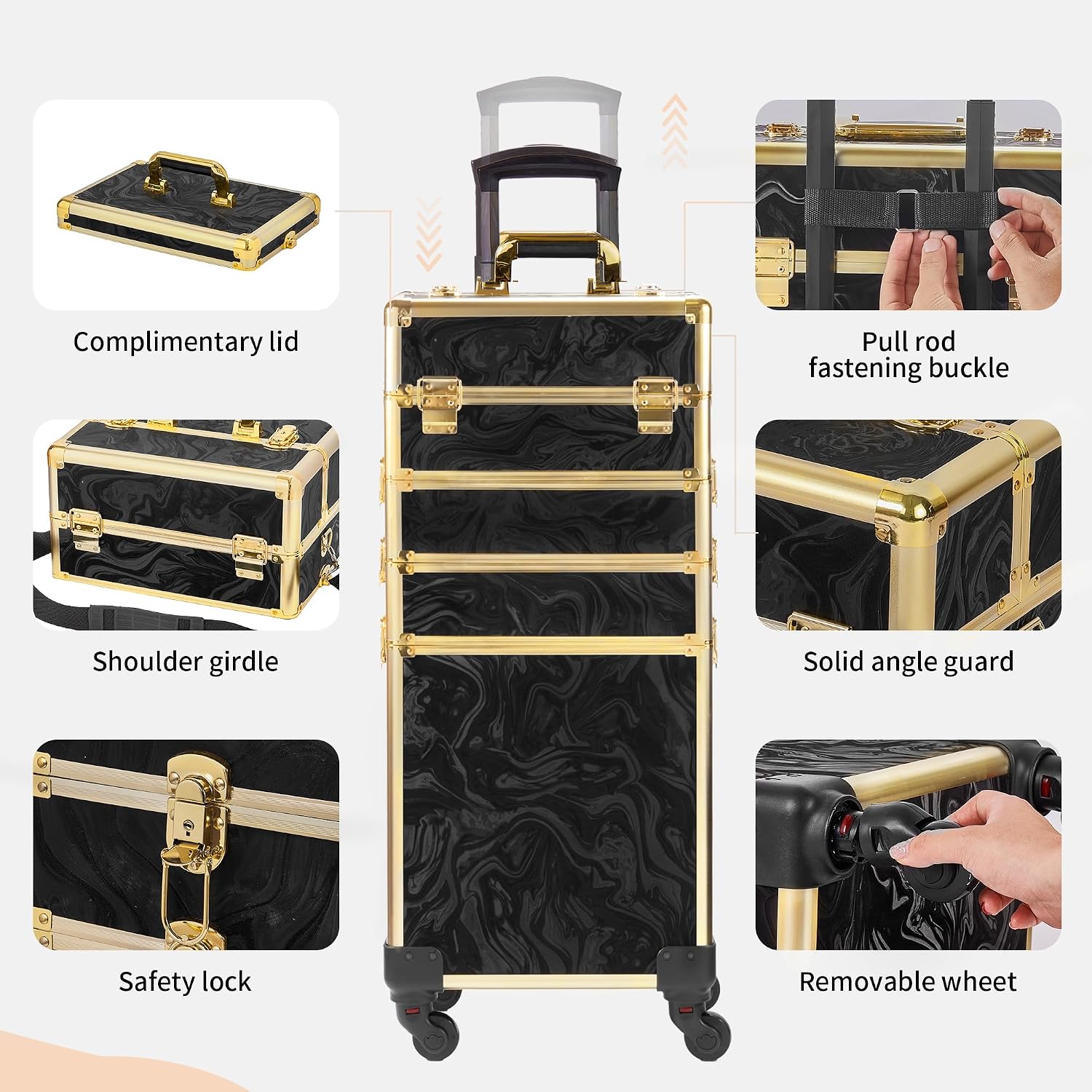 Somduy Rolling Makeup Case, Makeup Train Case with Lid, 5 in 1 Cosmetology Case on Wheels, Christmas Gift, Large Makeup Organizers, Profesional Cosmetic Case for Salon Barber, Pattern Black Gold