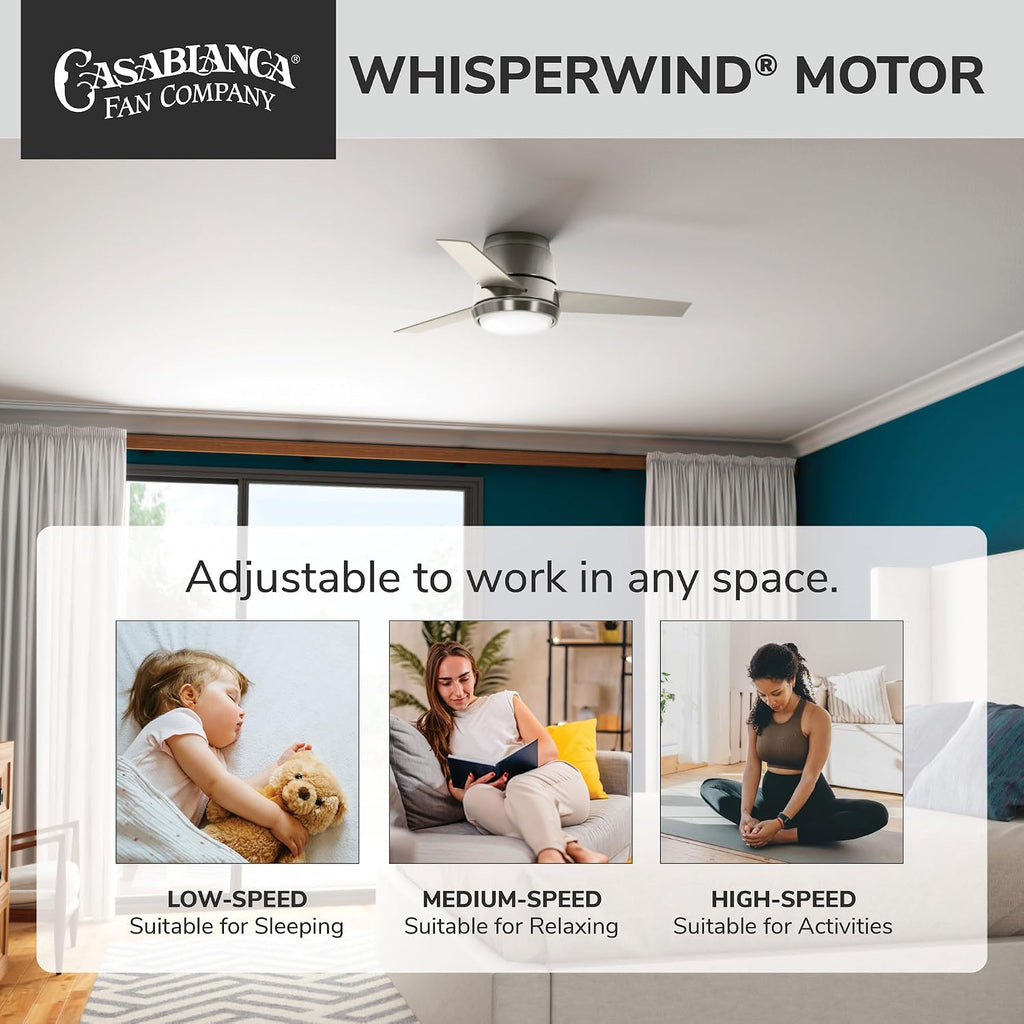 Casablanca 44 inch Indoor Ceiling Fan with LED Light - Low Profile Flush Mount Ceiling Fan for Bedroom, Living Room, or Kitchen, Wall Control, 3 Blades, Includes Bulb - Commodus 59570, Brushed Nickel