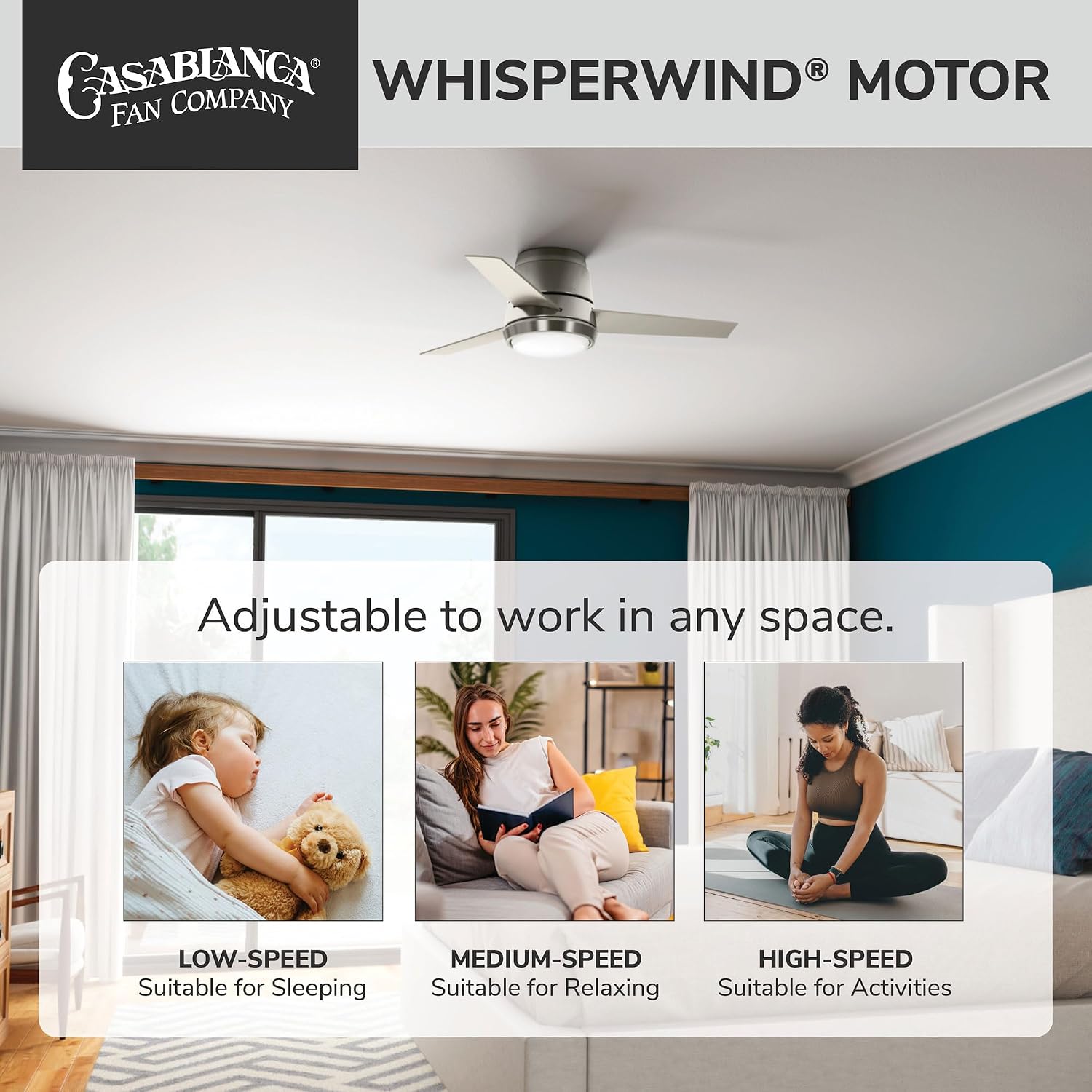 Casablanca 44 inch Indoor Ceiling Fan with LED Light - Low Profile Flush Mount Ceiling Fan for Bedroom, Living Room, or Kitchen, Wall Control, 3 Blades, Includes Bulb - Commodus 59570, Brushed Nickel