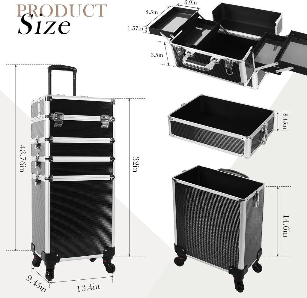 5-in-1 Rolling Makeup Train Case, Large Professional Cosmetic Trolley Organizer on Wheels with 360° Swivel Wheels, Lockable Black Aluminum Travel Case for Makeup Artists, Nail Techs & Hairstylists