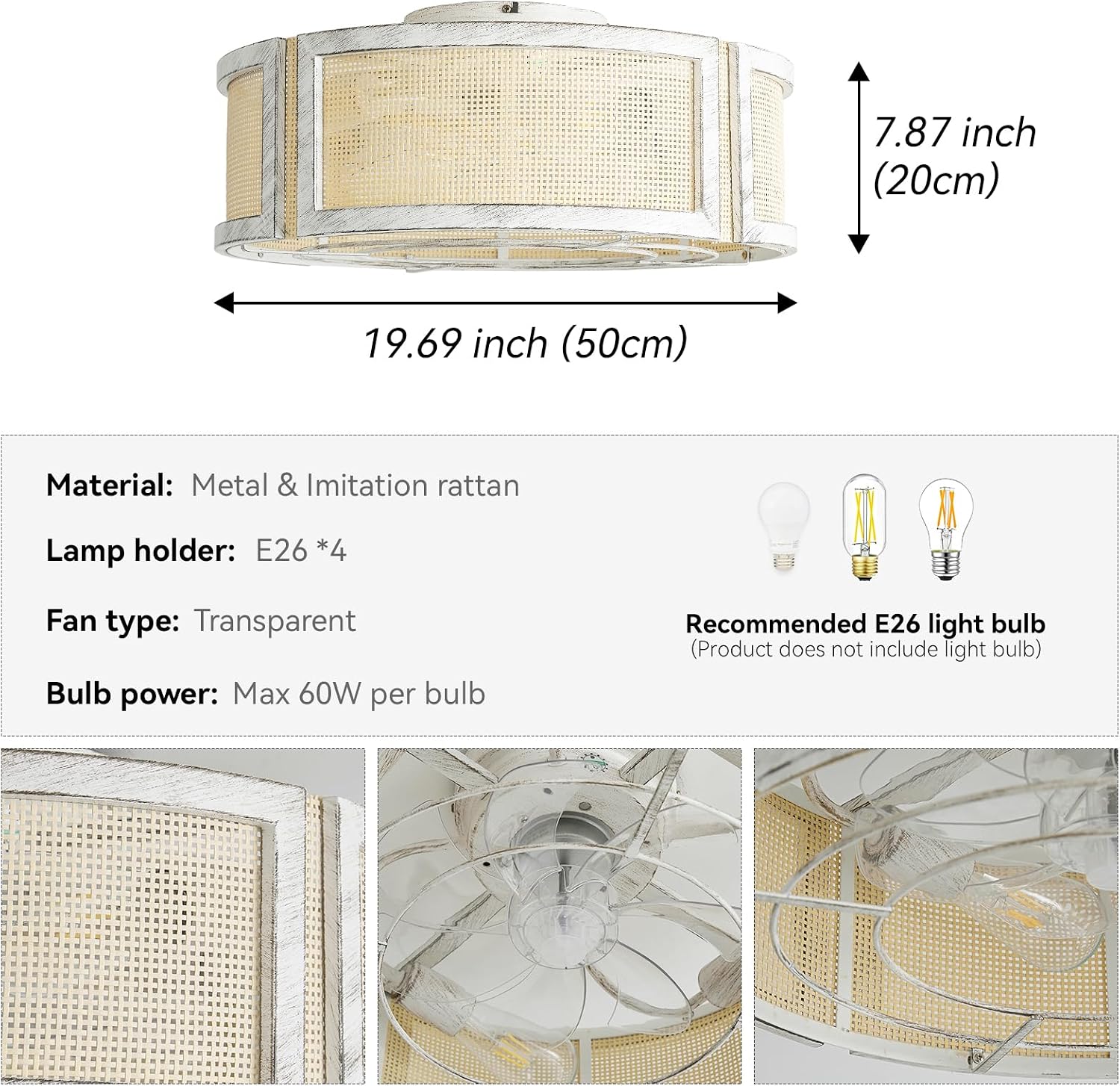 20' Boho Ceiling Fans with Lights, Rattan Ceiling Fans with Lights Remote Control, Flush Mount with 6 Speeds for Bedroom, Nursery, Living Room