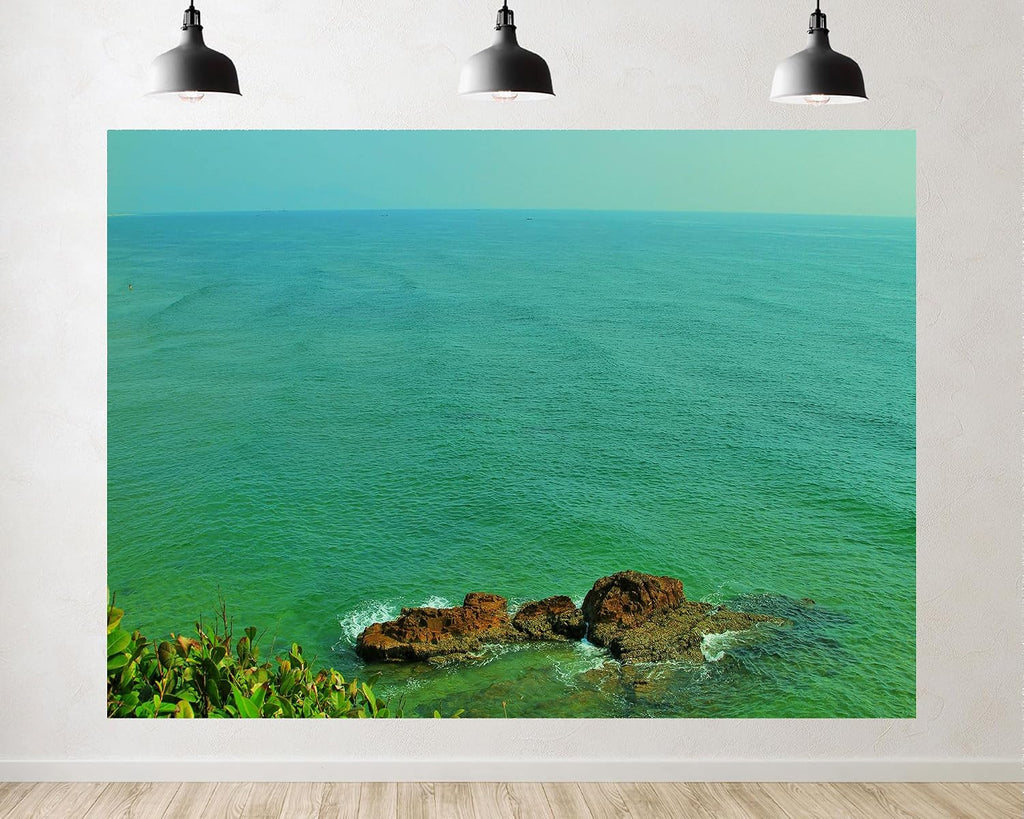 Trykid 20x10ft Green Ocean Rocky Outcrop Backdrop Clear Horizon Coastal View Photography Background Nature Landscape Coastal Adventure Tapestry Party Decoration Photo Studio Prop Fabric