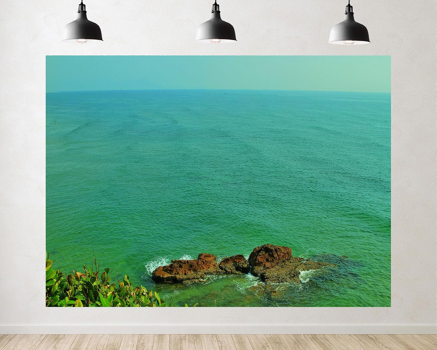 Trykid 20x10ft Green Ocean Rocky Outcrop Backdrop Clear Horizon Coastal View Photography Background Nature Landscape Coastal Adventure Tapestry Party Decoration Photo Studio Prop Fabric