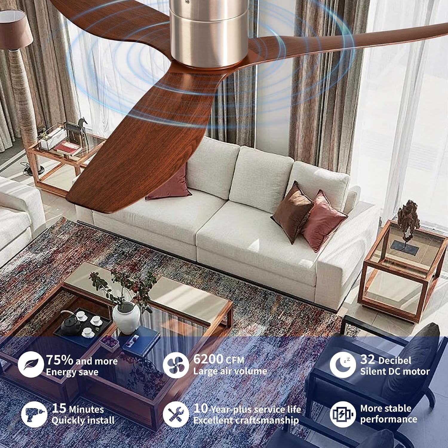 52-Inch Ceiling Fan Without Light, Modern Low-Profile Flush Mount Fan with Remote, 6-Speed Reversible Quiet DC Motor,for Balcony, Living Room, Bedroom (No Light)