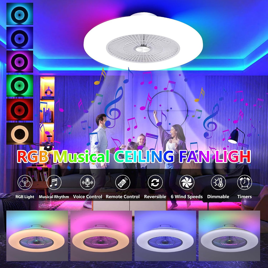 24' Low Profile Bladeless Ceiling Fan with Lights Alexa/Tuya APP/Remote Control, Smart RGB Ceilings Fans with Dimmable Lights, White