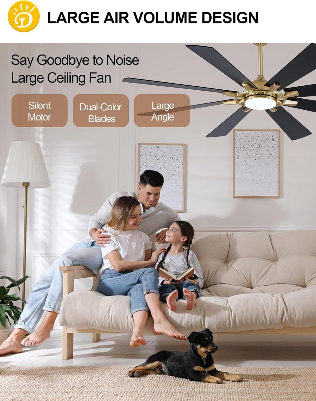 Dawn Whisper Gold Ceiling Fans with Lights 72 Inch Large Modern LED Chandelier Ceiling Fans with Remote for Living Room Bedroom 3 CCT 6 Speed Reversible DC Motor