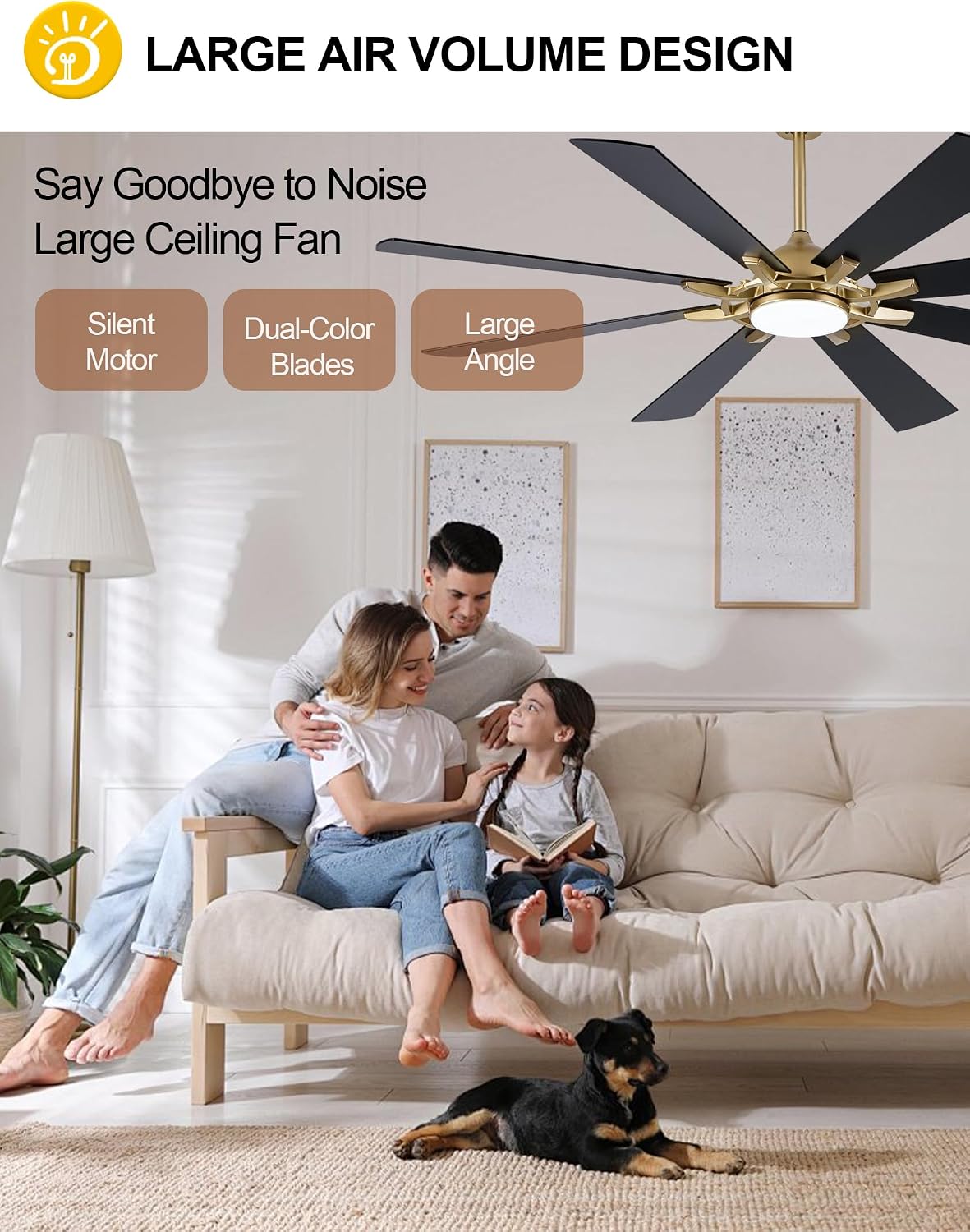 Dawn Whisper Gold Ceiling Fans with Lights 72 Inch Large Modern LED Chandelier Ceiling Fans with Remote for Living Room Bedroom 3 CCT 6 Speed Reversible DC Motor