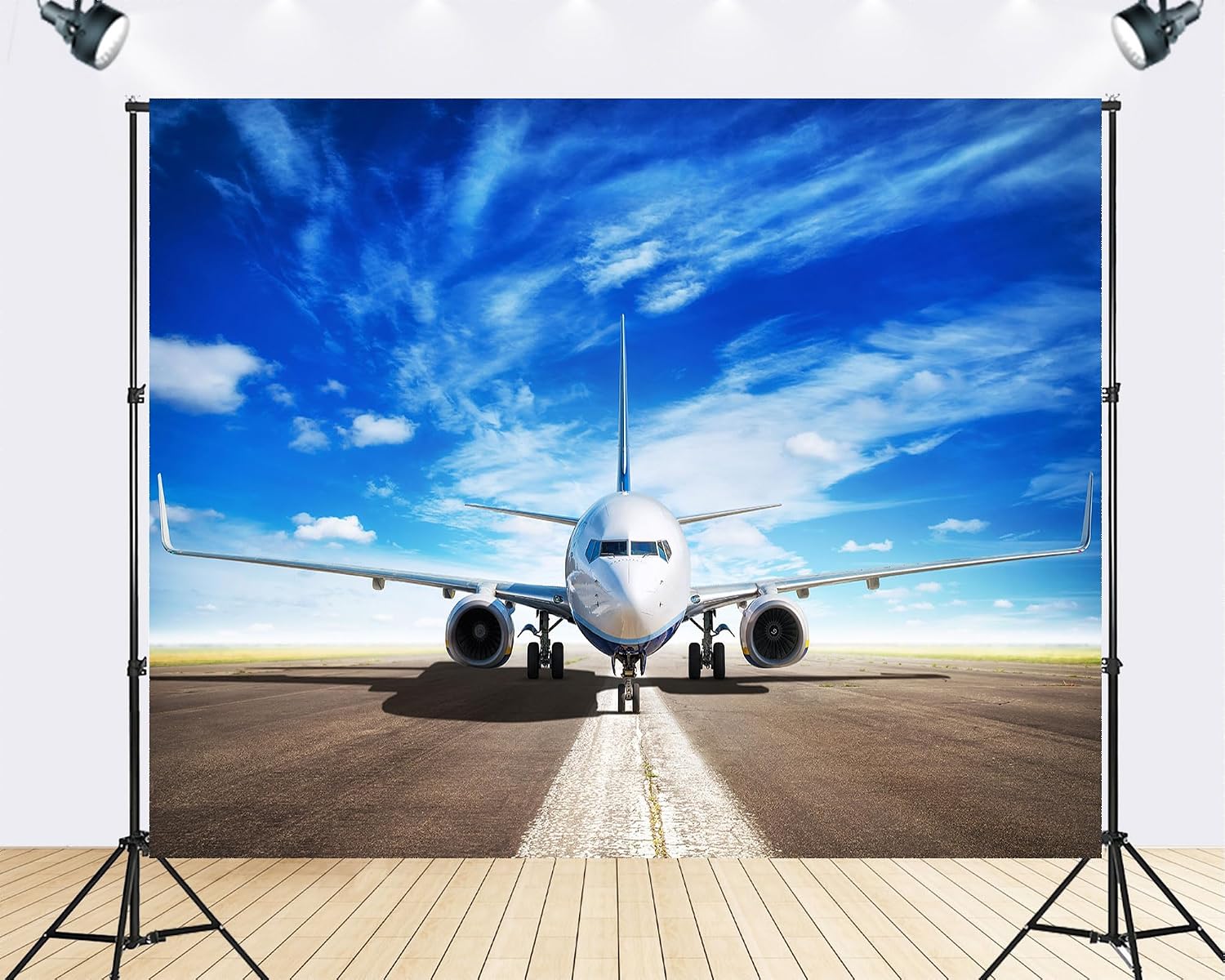 Trykid 20x10ft Commercial Jet Tarmac Blue Sky Backdrop Modern Aviation Clear Day Scene Photography Background Global Event Party Decoration Photo Booth Prop Fabric
