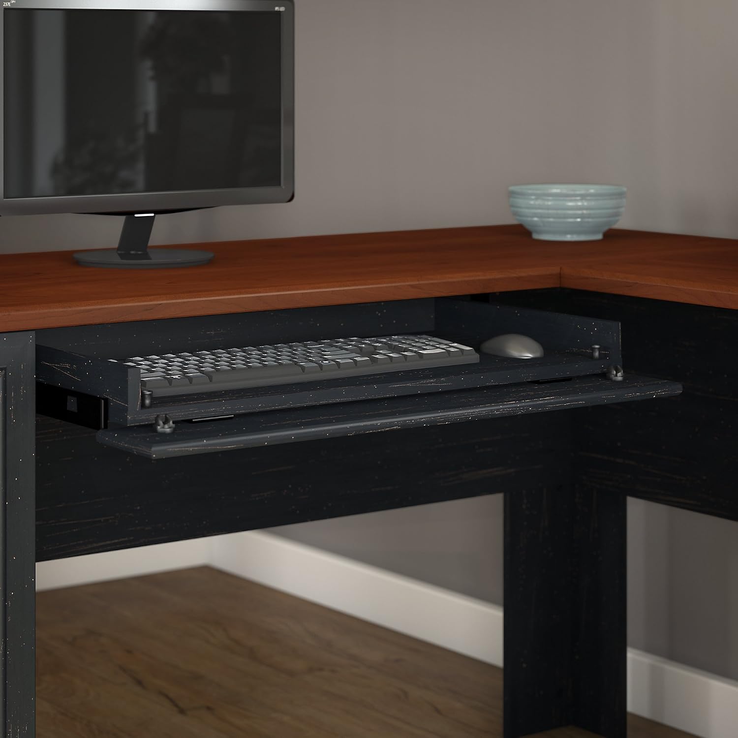 Bush Home Fairview 60W L Shaped Desk with Hutch, Lateral File Cabinet and 5 Shelf Bookcase in Antique Black and Hansen Cherry