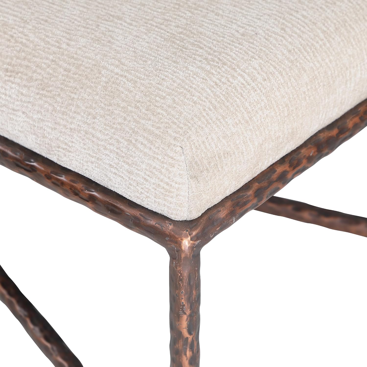 Meridian Furniture 22066Beige Valley Collection Modern | Contemporary Bench with Soft Beige Chenille Fabric, Brushed Bronze Forged Iron Metal Legs and Frame, 54' W x 18' D x 18' H, Beige