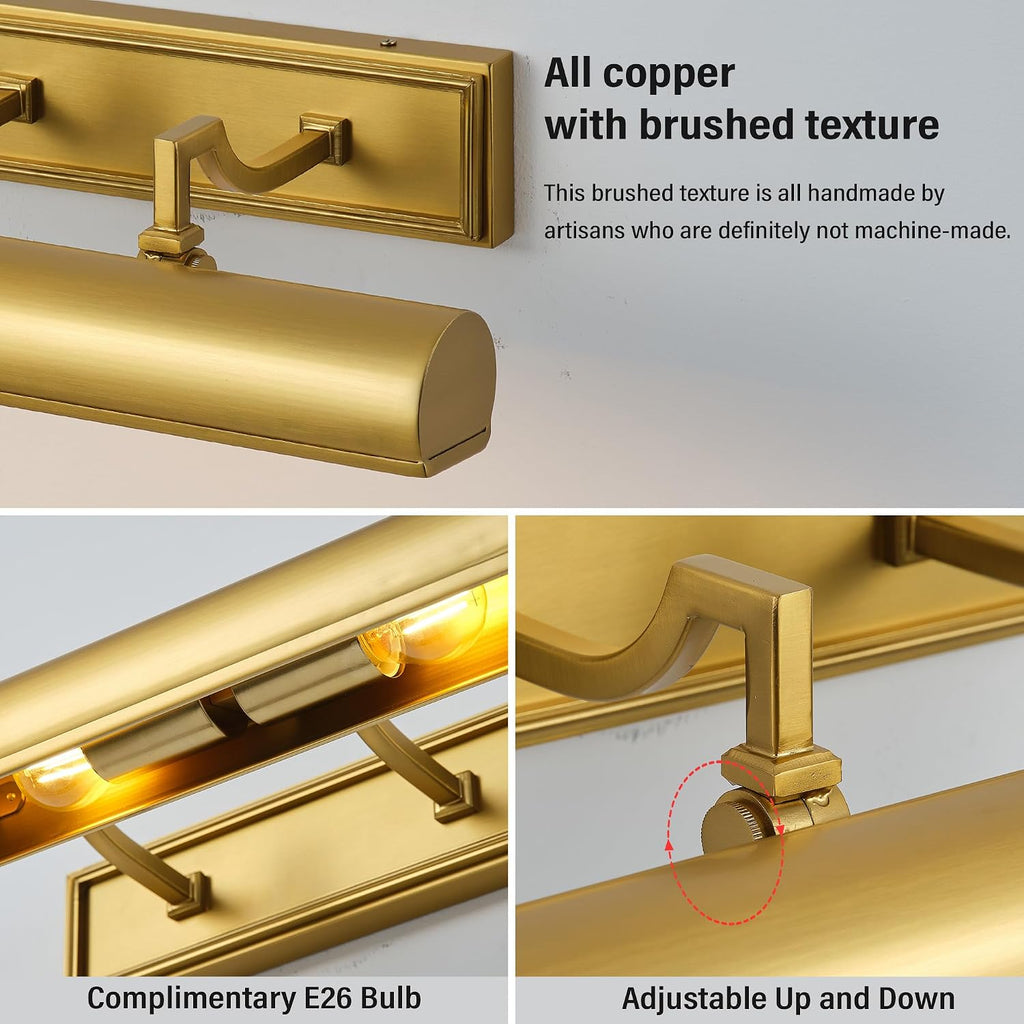 AUDOSY18 Brass Picture Light, 270° Rotatable Gold Wall Sconce Hardwired, 3-Light Vanity Wall Light Over Mirror, Dimmable Picture Art Light for Living Room, Bedroom & Bathroom- Upgrade