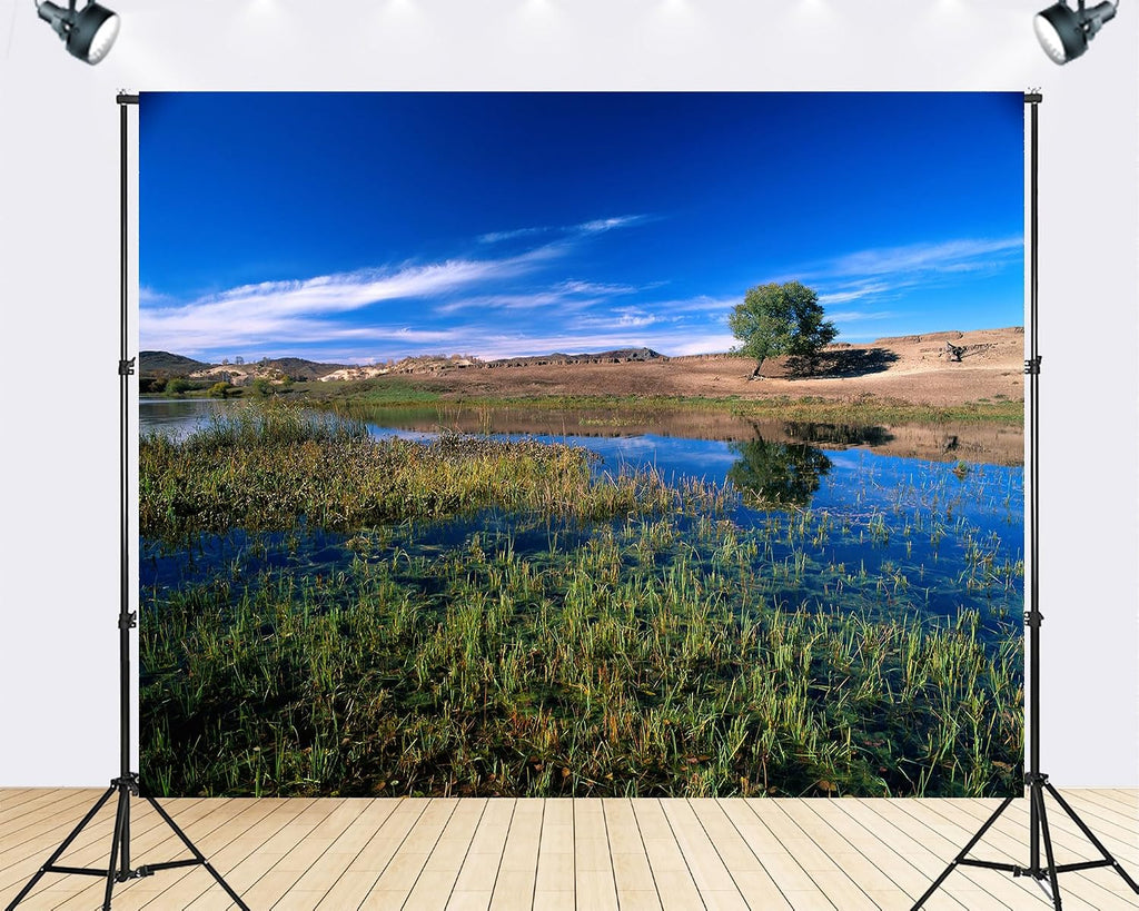 Trykid 20x10ft Lone Tree Backdrop Clear Lake Lush Reeds Deep Blue Sky Rolling Hills Serene Countryside Scene Photography Background Nature Inspired Party Decoration Photo Booth Prop Fabric