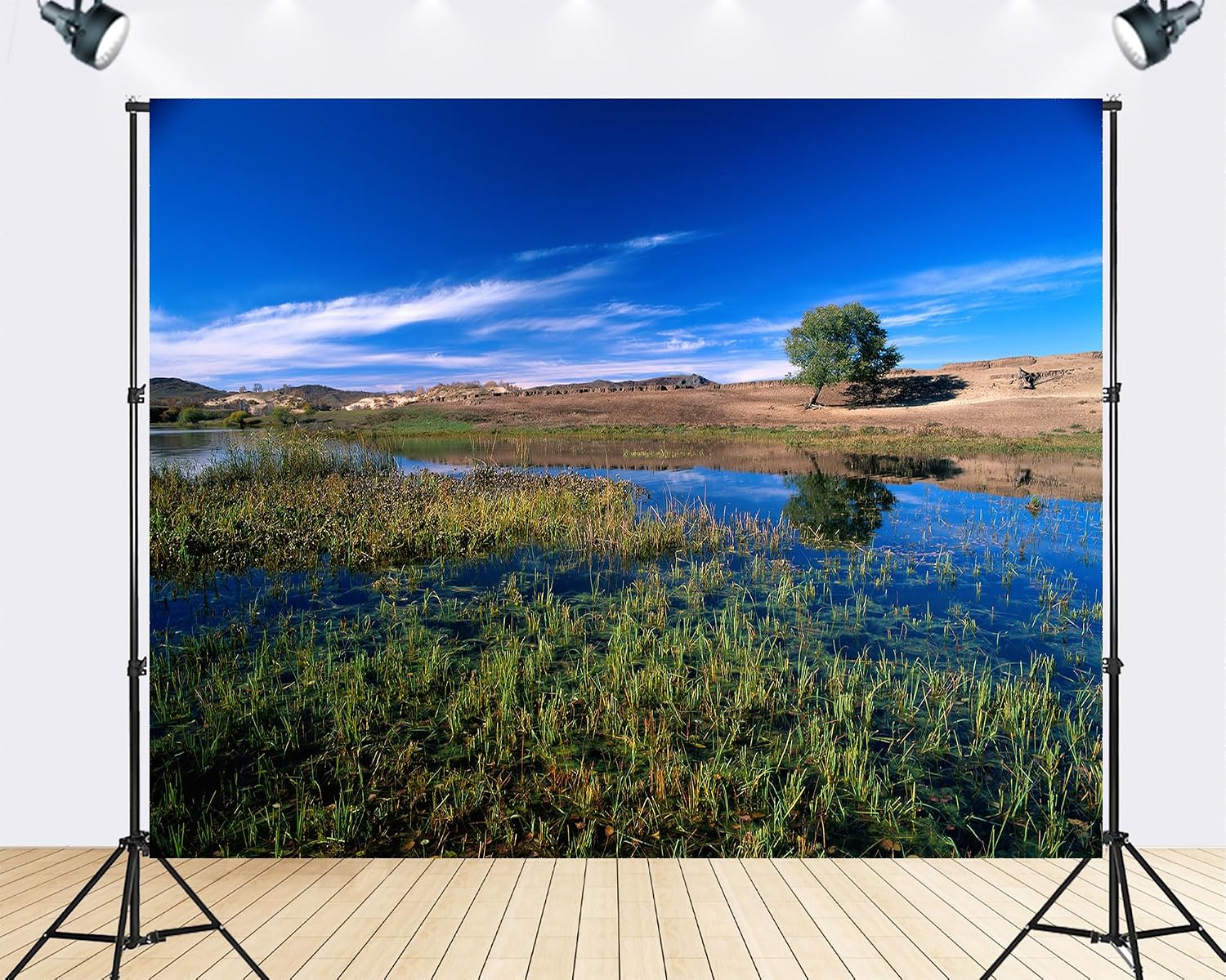 Trykid 20x10ft Lone Tree Backdrop Clear Lake Lush Reeds Deep Blue Sky Rolling Hills Serene Countryside Scene Photography Background Nature Inspired Party Decoration Photo Booth Prop Fabric