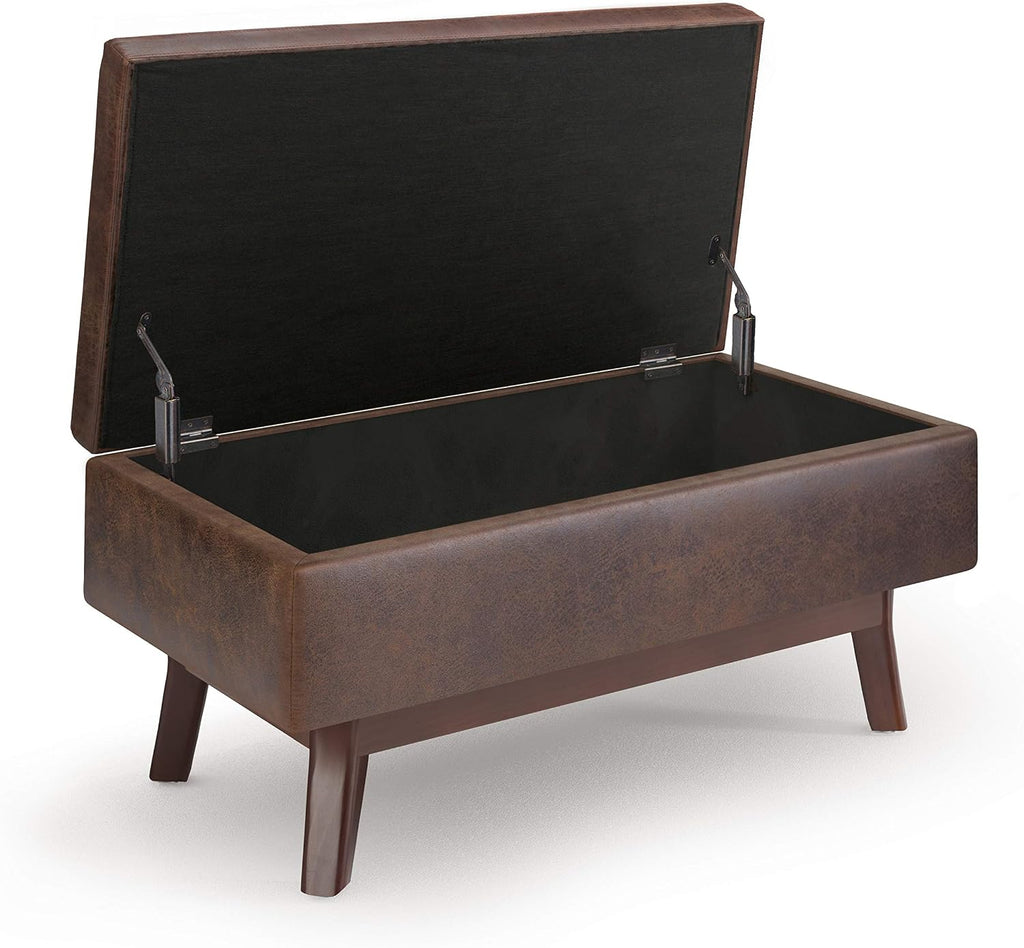 SIMPLIHOME Owen Small Rectangular Storage Ottoman - 36 inch Wide Upholstered Vegan Leather Lift-Top Ottoman in Distressed Chestnut Brown, Mid-Century Modern Ottoman for Living Room with Tufted Detail