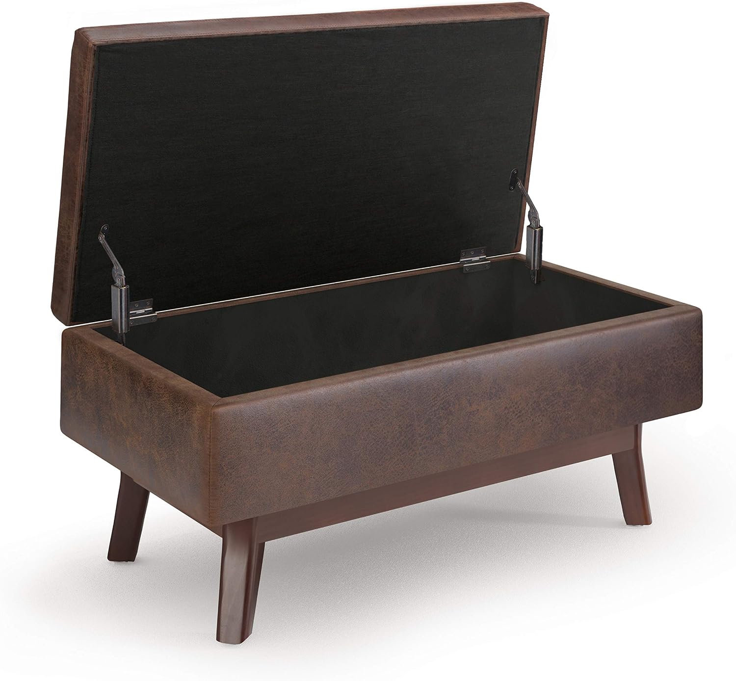 SIMPLIHOME Owen Small Rectangular Storage Ottoman - 36 inch Wide Upholstered Vegan Leather Lift-Top Ottoman in Distressed Chestnut Brown, Mid-Century Modern Ottoman for Living Room with Tufted Detail
