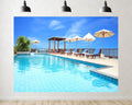 Trykid 20x10ft Luxury Poolside Backdrop Clear Blue Water White Umbrellas Wooden Lounge Chairs Photography Background Tropical Wedding Pool Party Decoration Photo Booth Prop Fabric