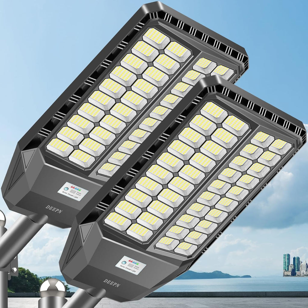 Deepn 10000W Solar Street Lights Outdoor, Commercial Solar Lights with Motion Sensor Outdoor Lighting & Dusk to Dawn Flood Light, IP67 Waterproof LED Lights for Yard, Street, Parking Lot, 2 Pack