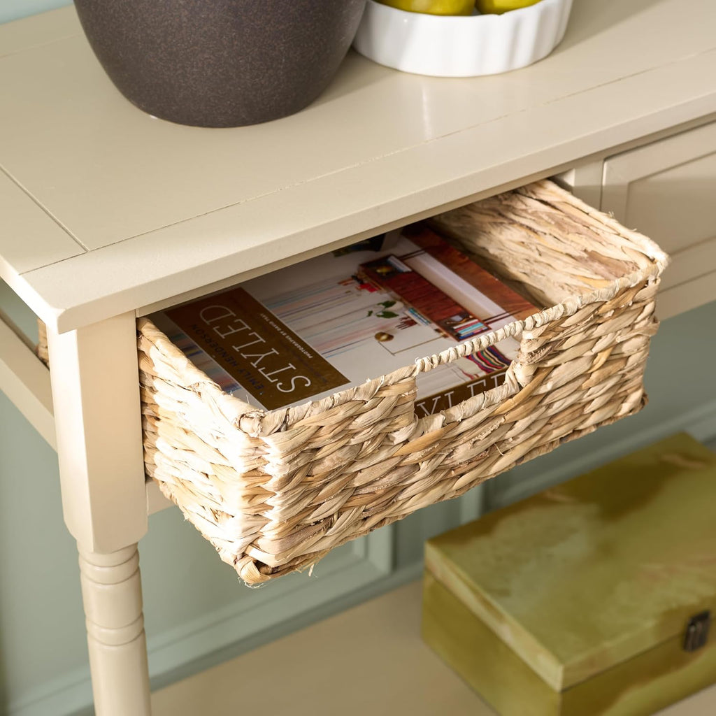 SAFAVIEH Home Collection - Christa Entryway Console Table, Sand Solid Wood 3-Drawer Storage Sofa Table with Rattan Baskets (AMH5737G)
