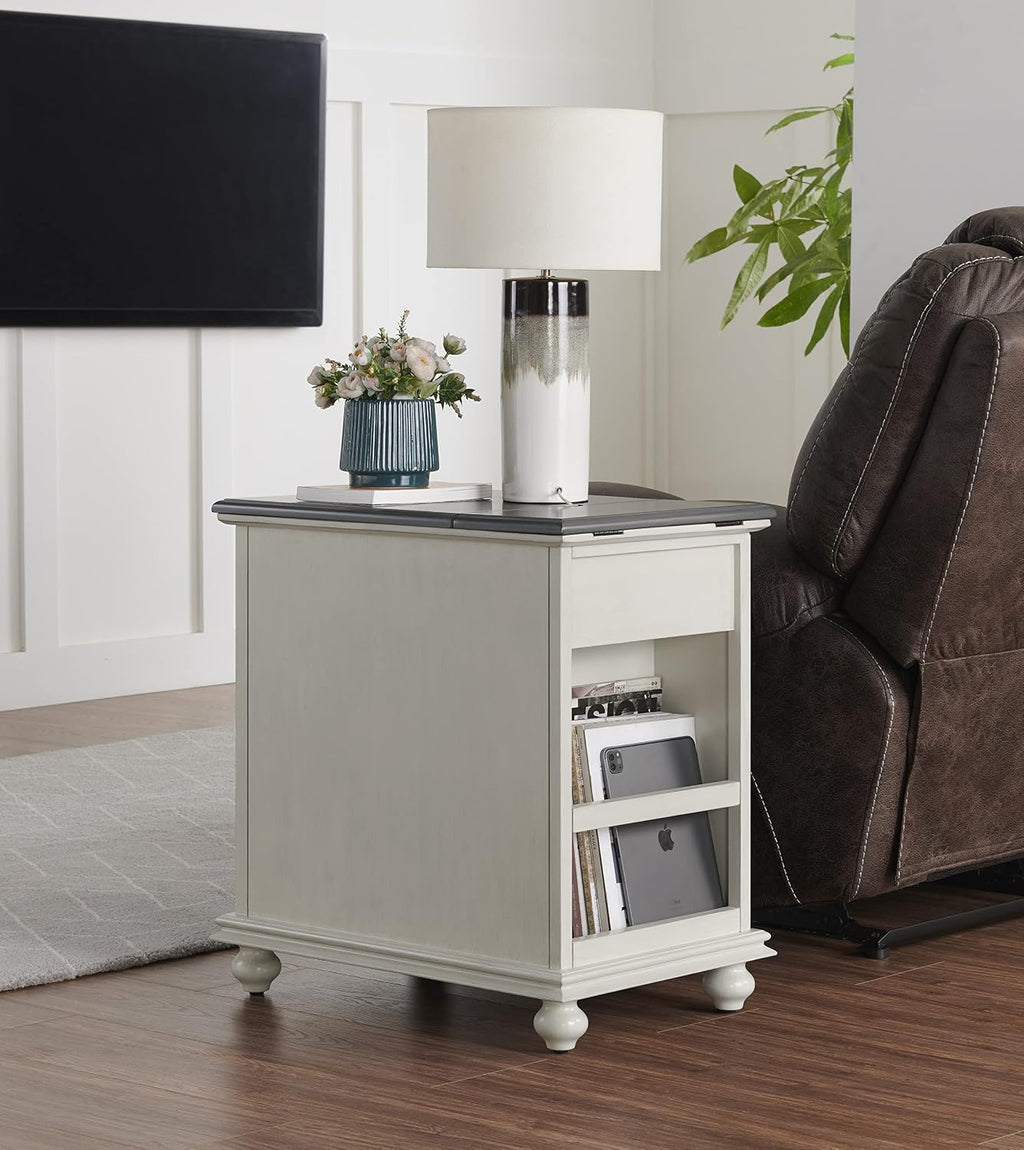 Martin Svensson Home Elegant Chairside End Table with Power — 24″W x 16″D x 25″H, White with Gray Top — Transitional Painted Accent Table with Flip-Top USB Charging, Drawer & Cabinet Storage