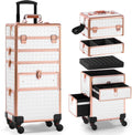 Makeup Train Case with Drawer, Rolling Makeup Case, Cosmetology Case on Wheels, Gift, Large Makeup Case Organizers, Professional for Salon Barber, Nail, Tattoo, White Gold
