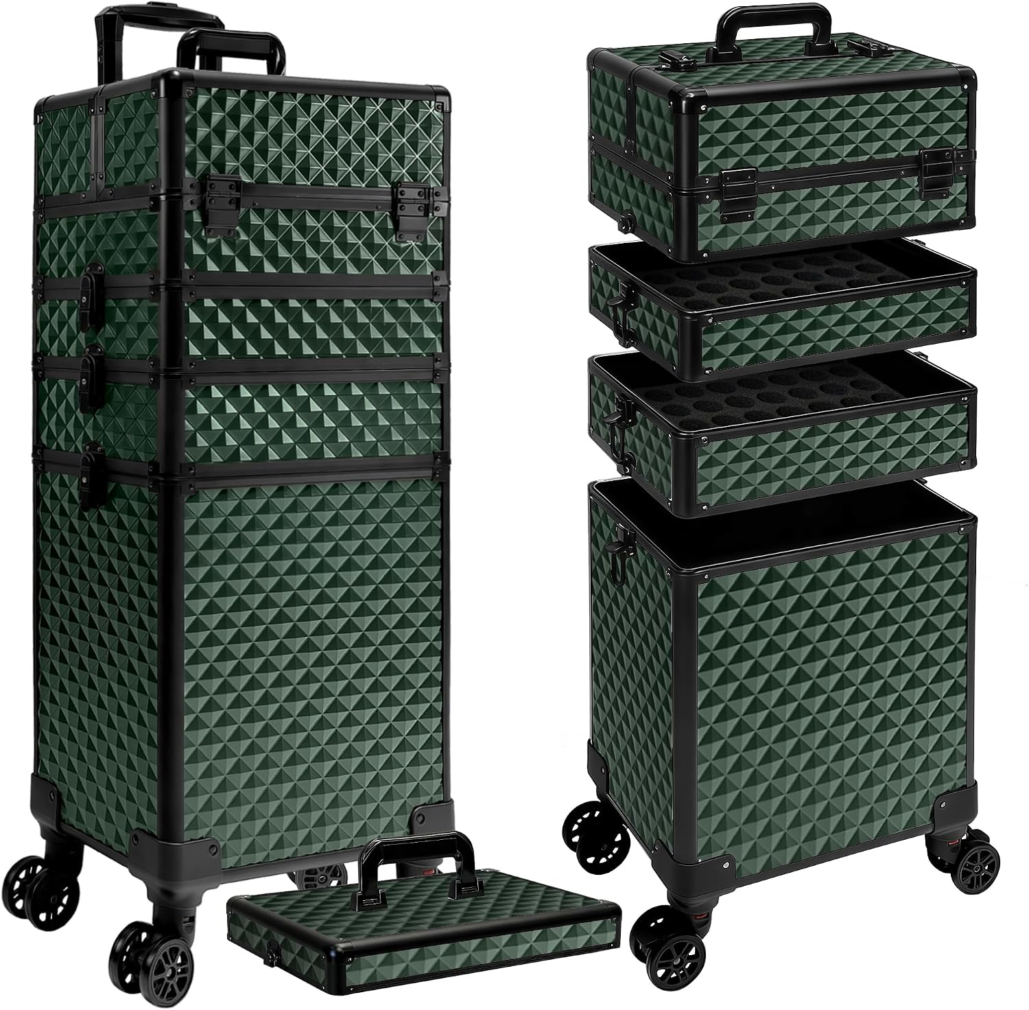 5 in 1 Rolling Makeup Train Case on Wheels Large Cosmetic Organizer Travel Cart for Women Beauty Salon Barber Hairstylist Green