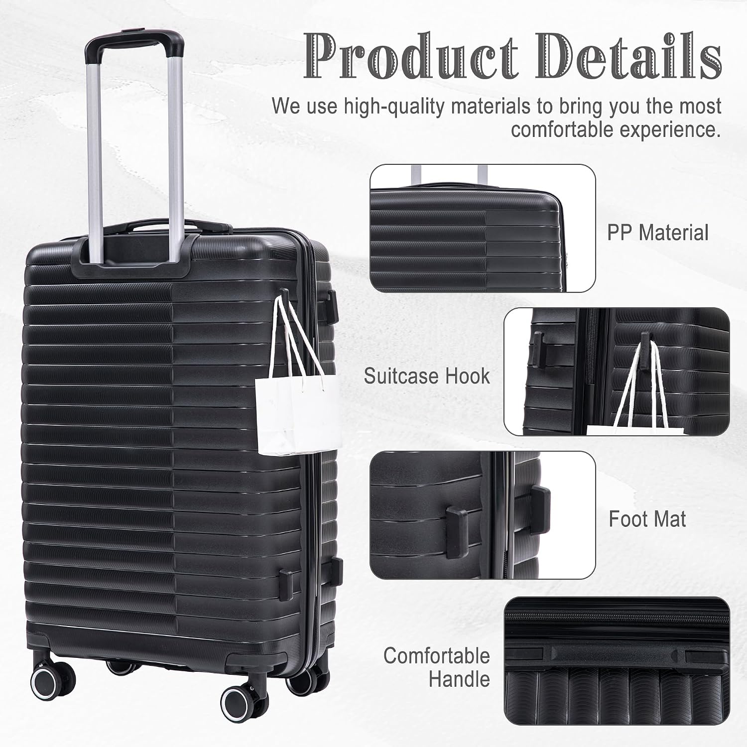 4-Piece PP Hardshell Luggage Set with 14' Cosmetic Case, 20'/24'/28' Spinner Suitcases, Carry On with Iron Telescopic Handle, Combination Lock, 360° Double Silent Wheels, Waterproof Travel Set, Black