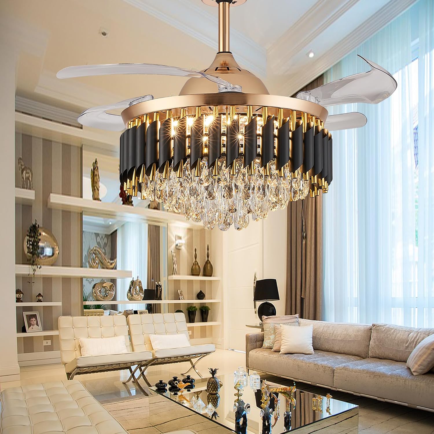 36' Dimmable Gold Fandelier Crystal Ceiling Fans with Lights and Remote Modern Retractable Blade Chandelier Ceiling Fans for Bedroom Dinning Room Living Room